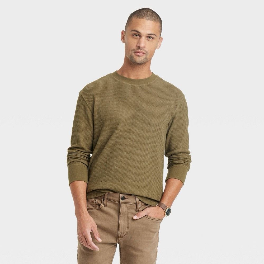 Men's Long Sleeve Textured Crewneck T-Shirt - Goodfellow & Co™ Dark‎ Olive Green